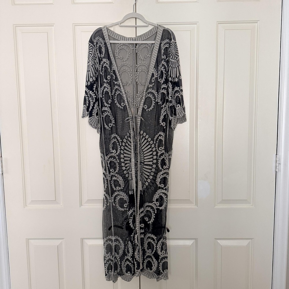 Embroidered Kimono Jacket One Size Black White Sheer Mesh Tie Front Long Boho